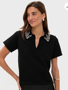 Embellished Collar Black Short-Sleeve Knit Polo